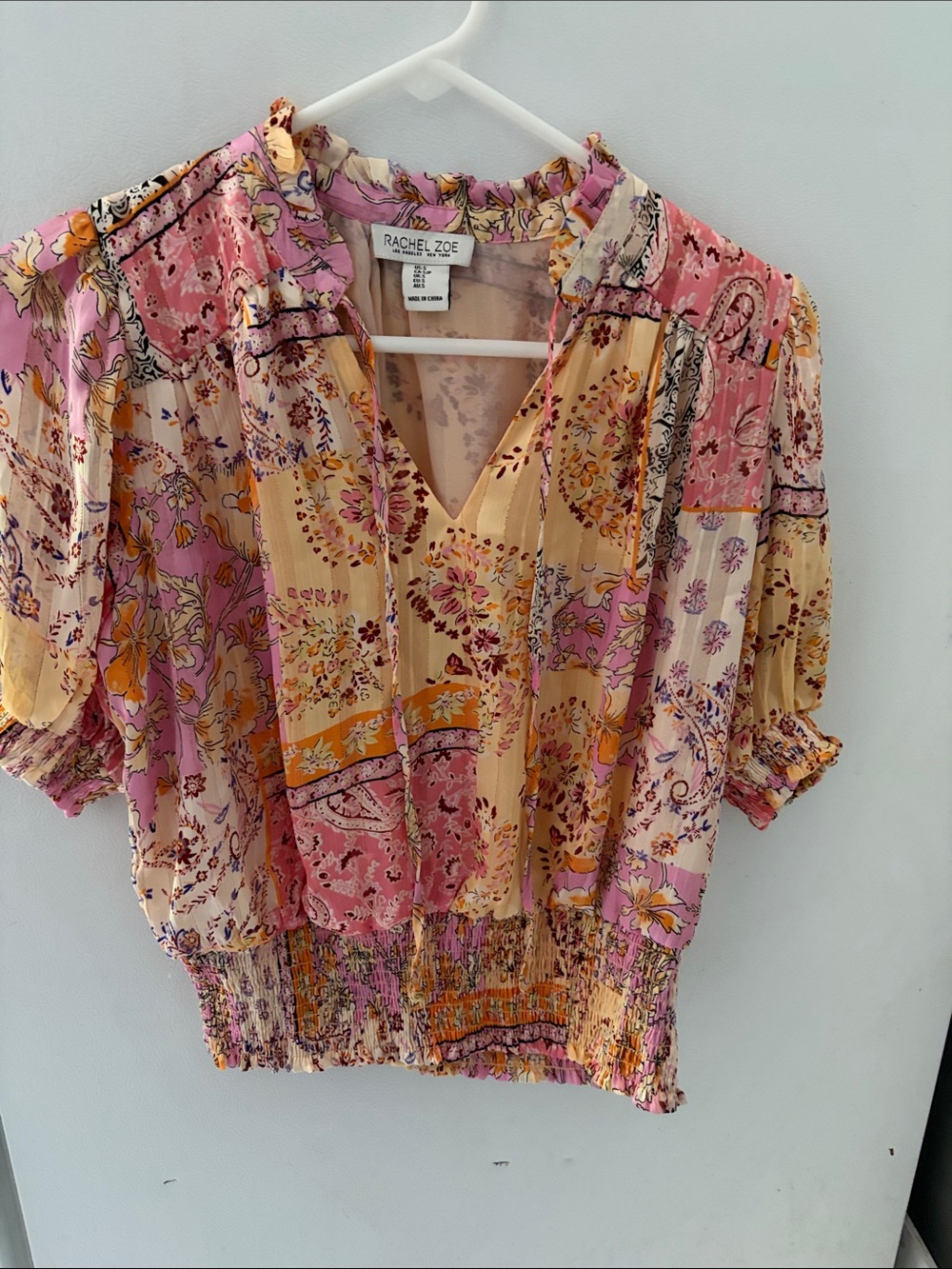 Rachel Zoe Pink & Yellow Patchwork Floral Smocked Waist Blouse